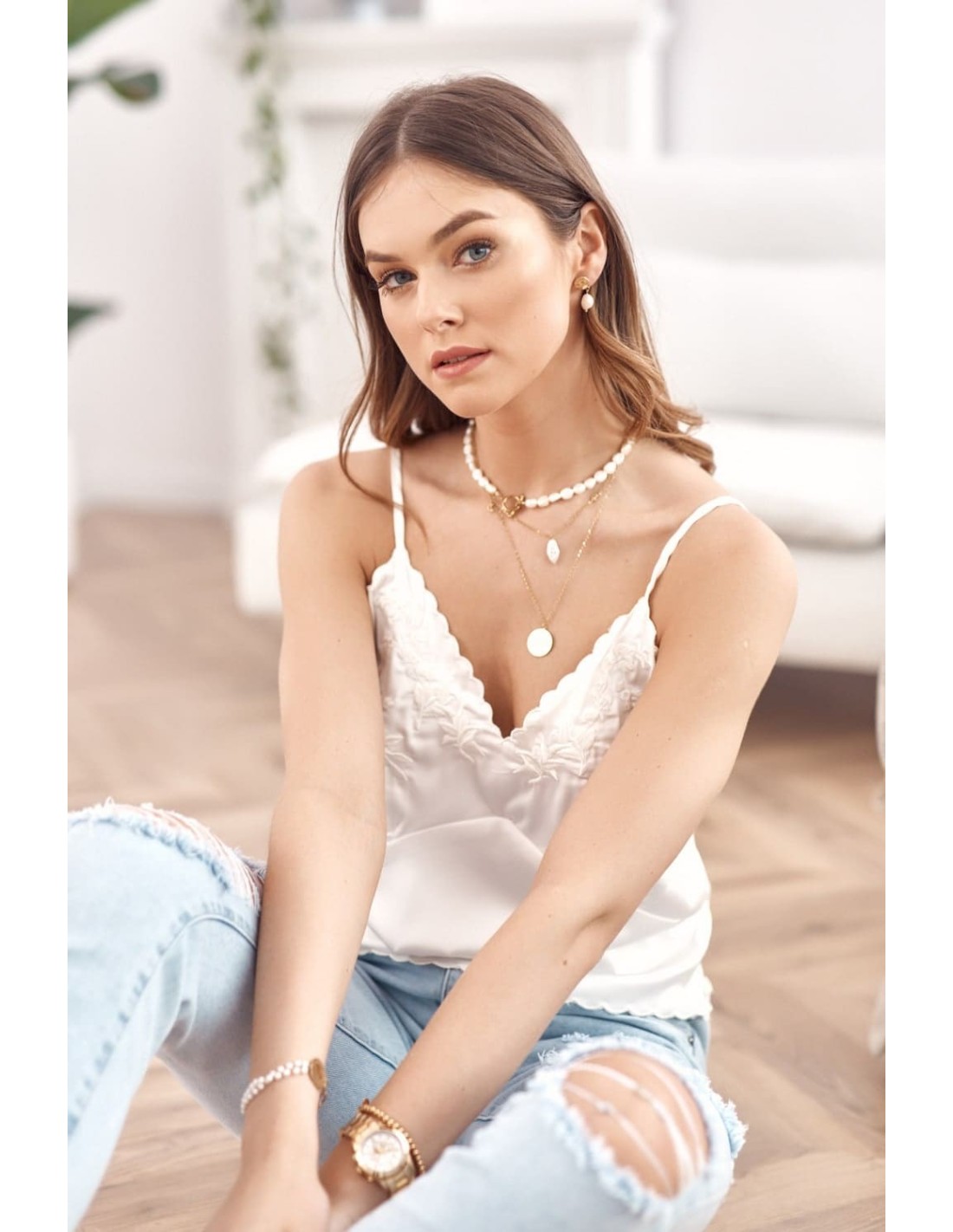 Lingerie top with embroidered neckline, cream 6978 - Online store - Boutique